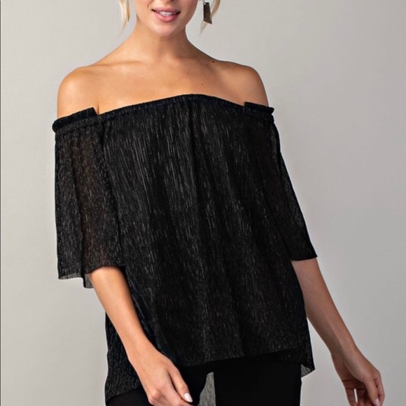 Black Metallic Pleated Off Shoulder Top - Picture 2 of 4